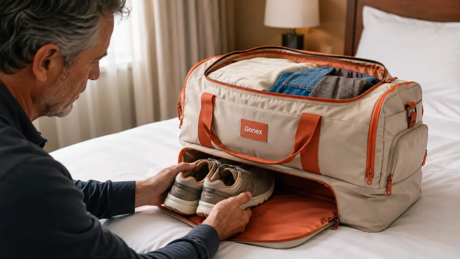 Gonex packable duffel laid flat showing the separate shoe compartment zipper open