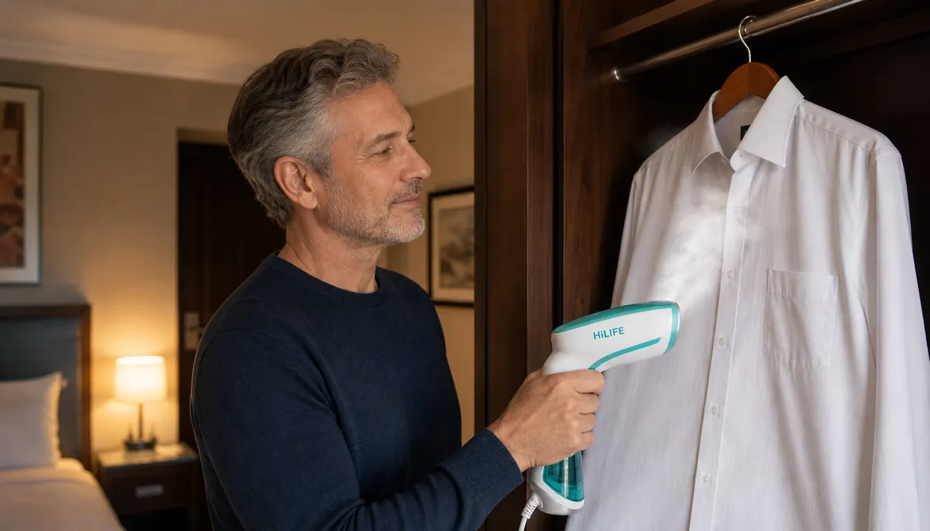 Close-up of a handheld garment steamer with steam rising, held near a wrinkled dress shirt