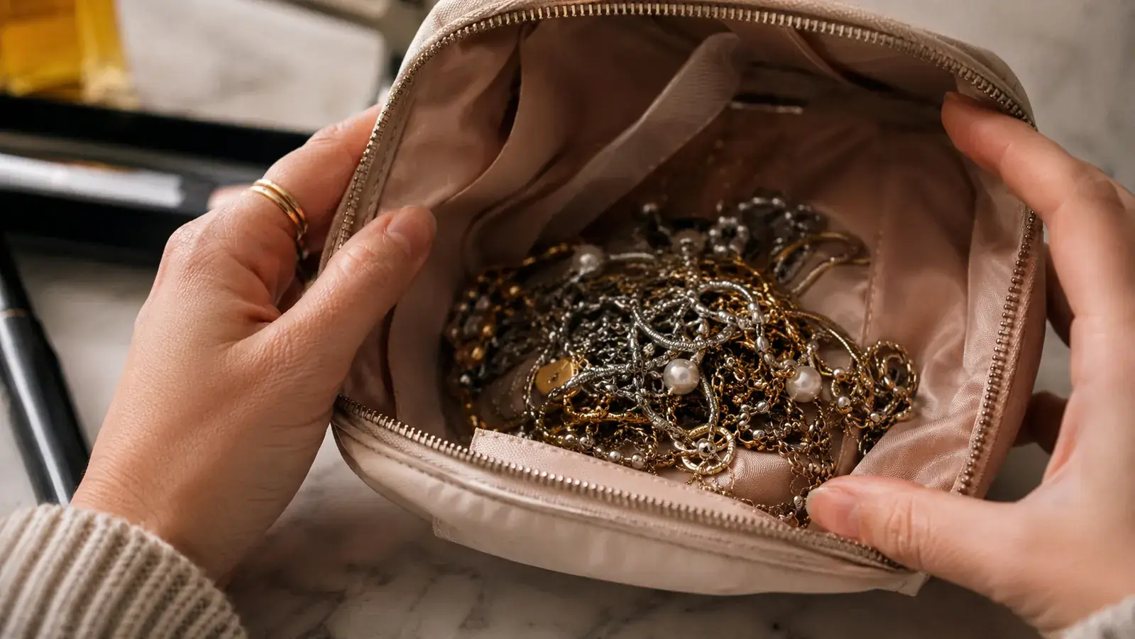 Two necklaces side by side, one tangled in a knot and one perfectly laid out in a fabric-lined necklace slot