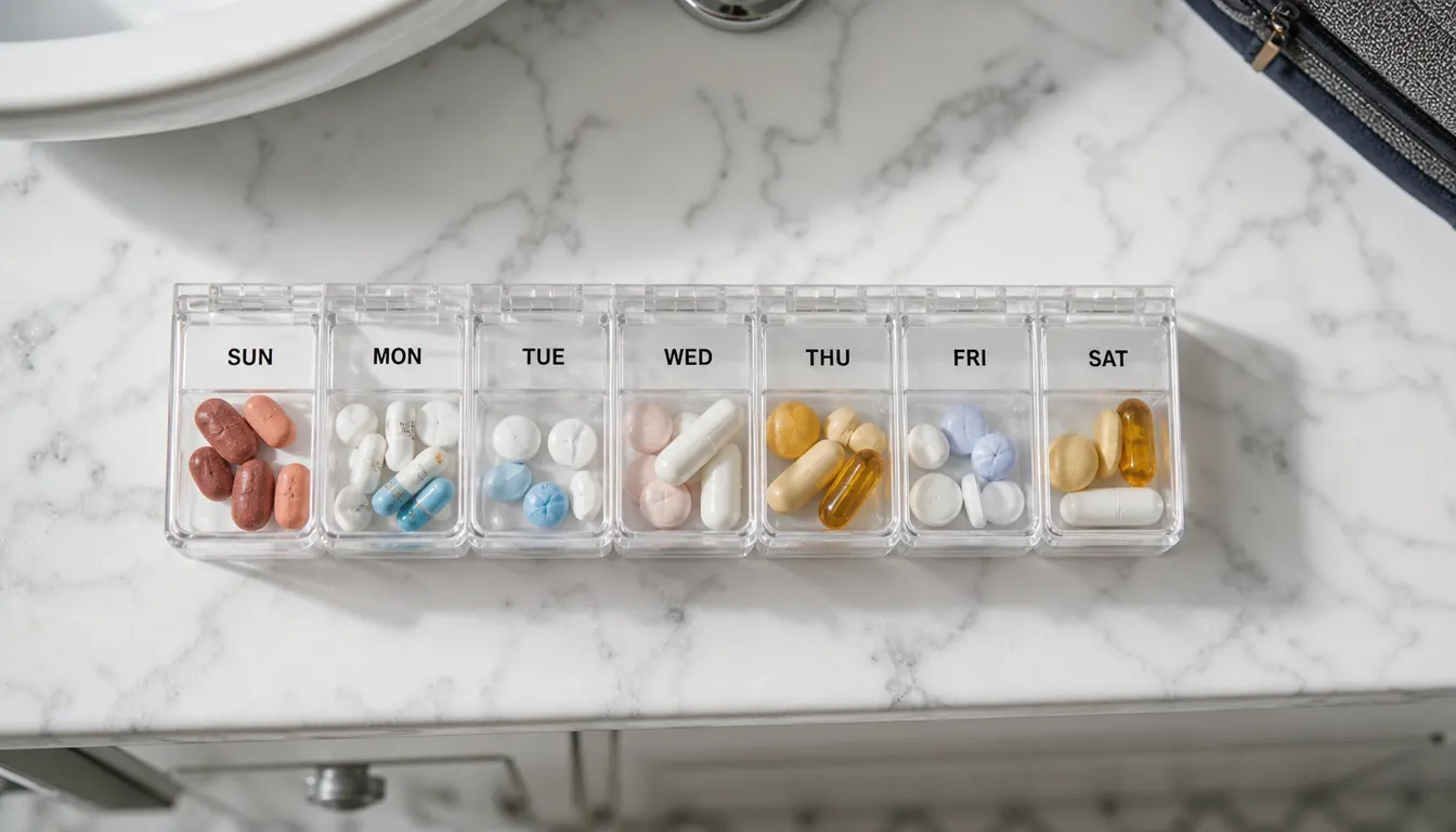 Compact pill organizer tucked into a side pocket of a travel bag at an airport gate