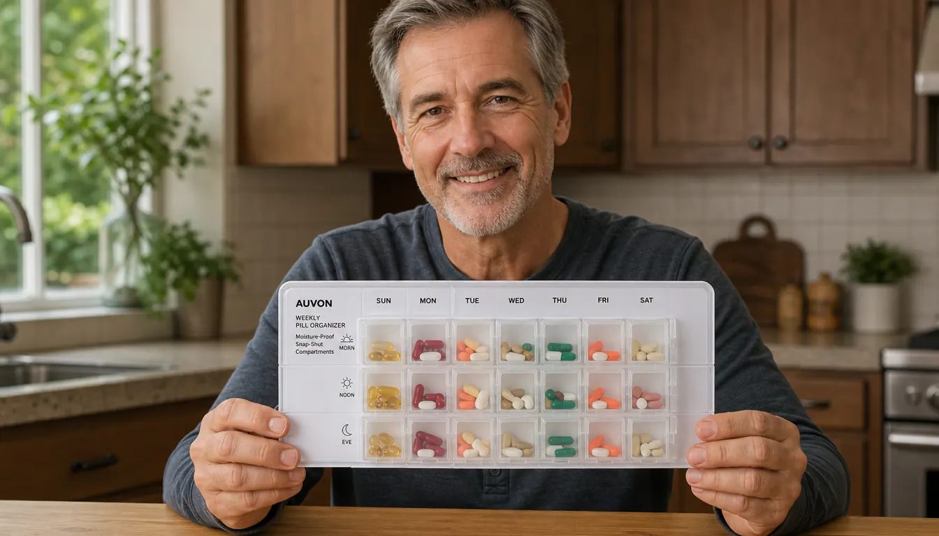 AUVON pill organizer compartment being inspected for moisture with a fingertip checking the inner lid seal