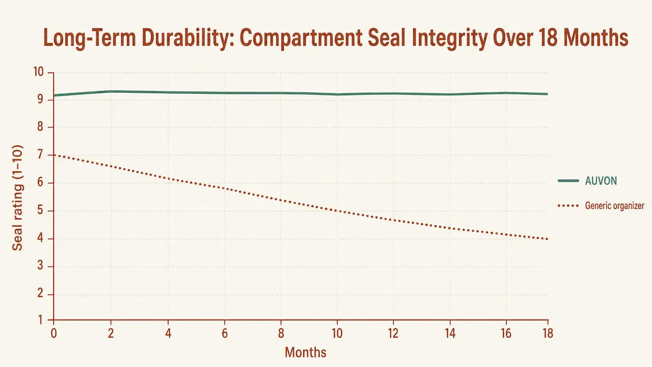 Comparison chart showing AUVON pill organizer capacity versus a standard single-compartment weekly pill box
