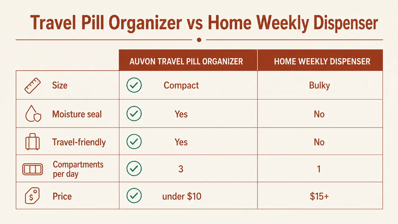 Side-by-side comparison chart of AUVON organizer versus basic weekly pill box across six spec categories