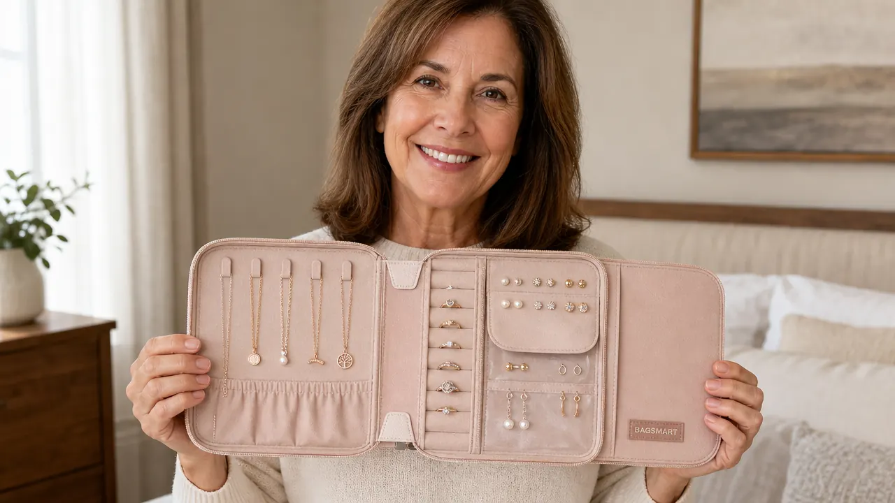 Hand tucking a silver ring into a padded slot in the BAGSMART jewelry roll