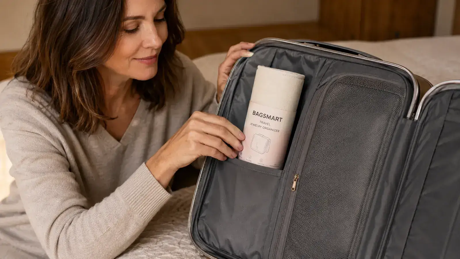 BAGSMART jewelry roll open showing ring slots, necklace hooks, and earring compartments laid flat