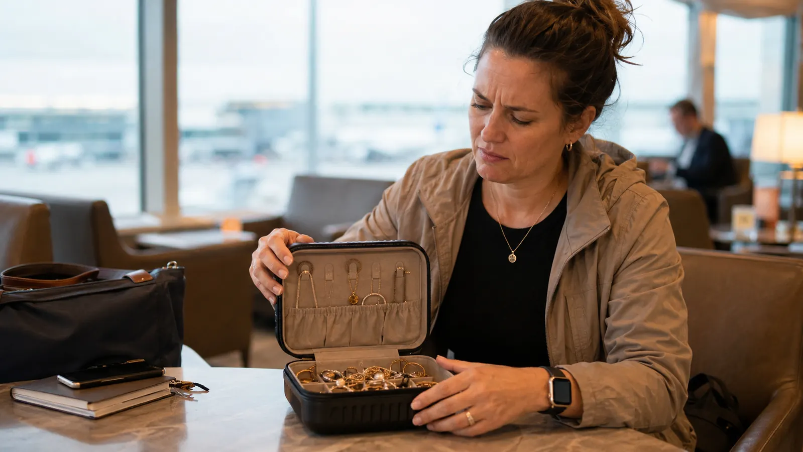 Traveler packing a soft jewelry roll into the side pocket of a carry-on suitcase