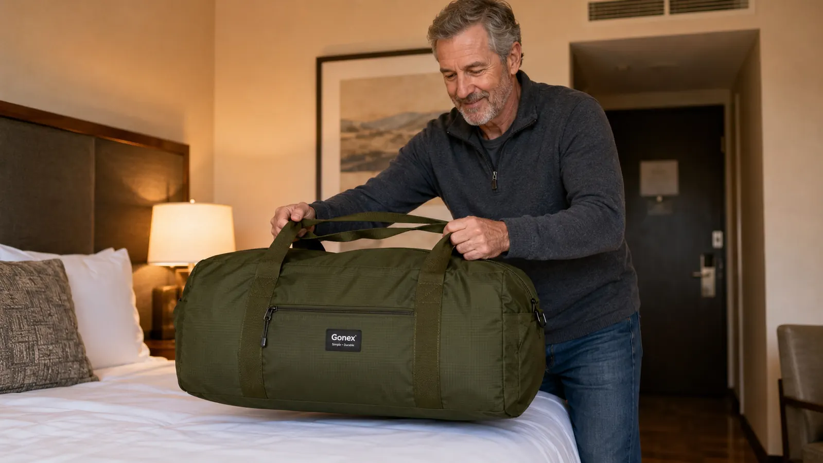 Gonex packable duffel open showing the separate shoe compartment with sneakers inside