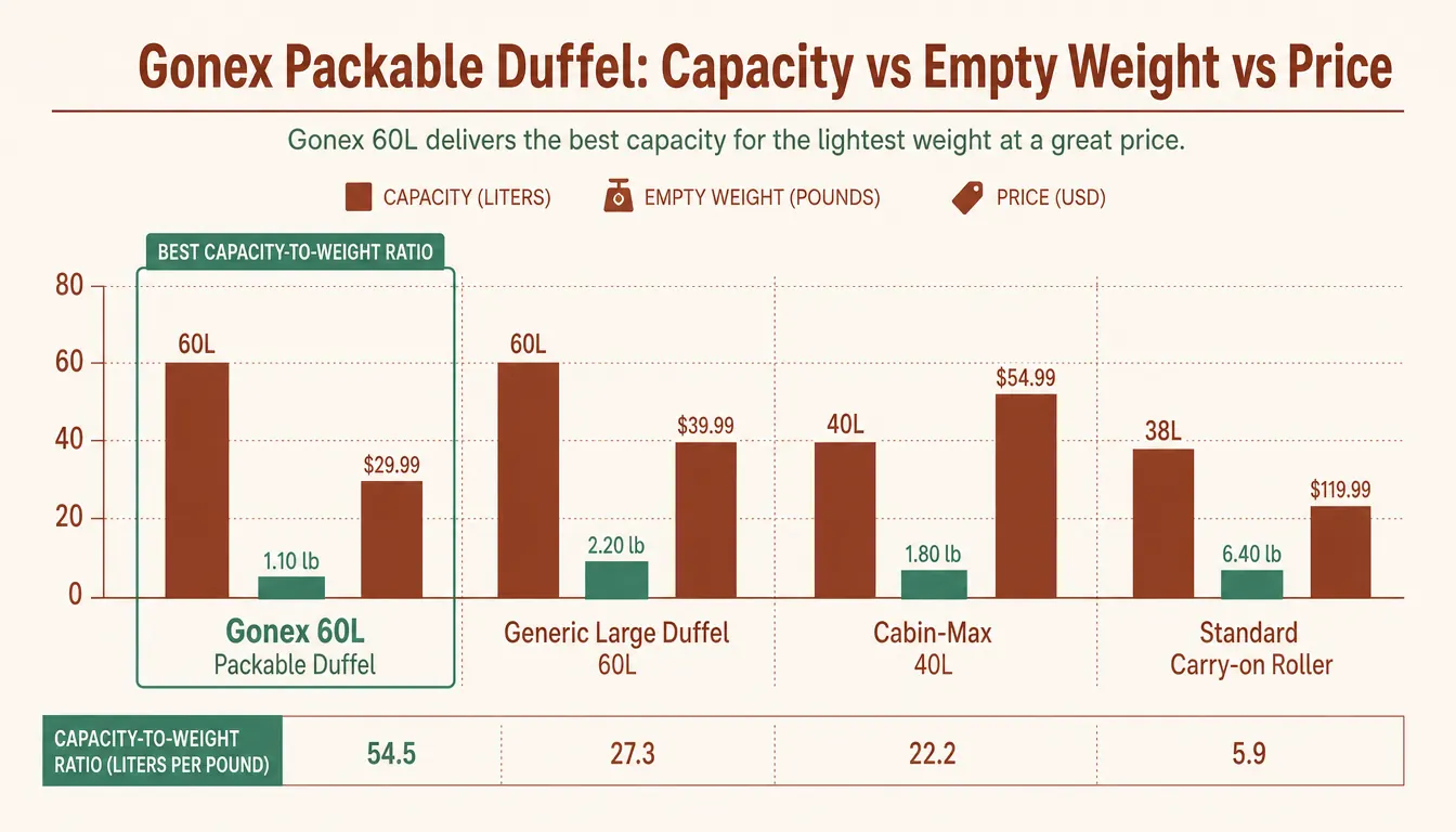 Side-by-side comparison chart of Gonex duffel dimensions versus advertised size versus measured size