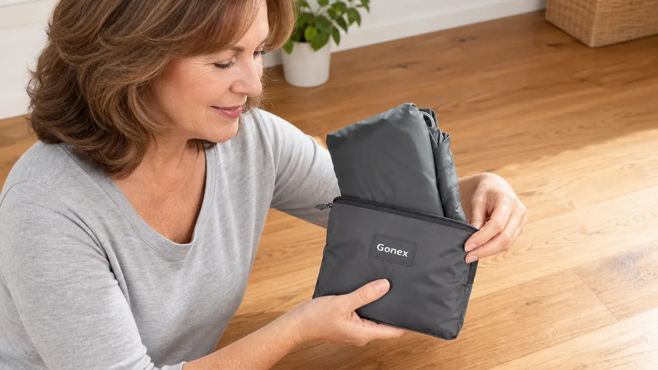 Gonex duffel bag being held under a running outdoor faucet, showing water beading on the nylon surface