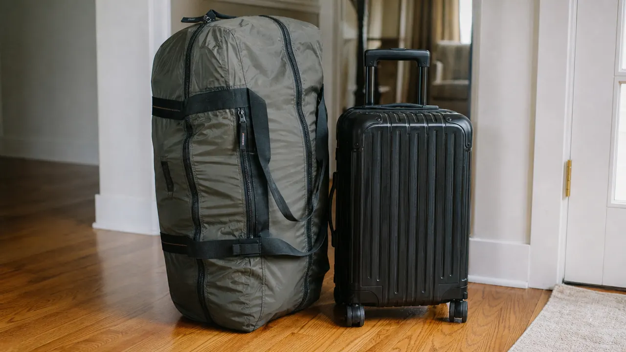 Gonex duffel packed and standing upright in an airline overhead bin, fitting without compression