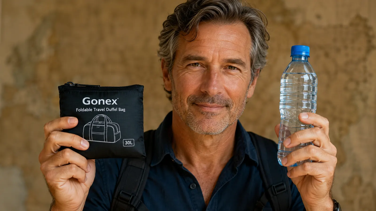 Gonex duffel folded down into its small pouch form, held in one hand next to a full-size rolling suitcase for scale