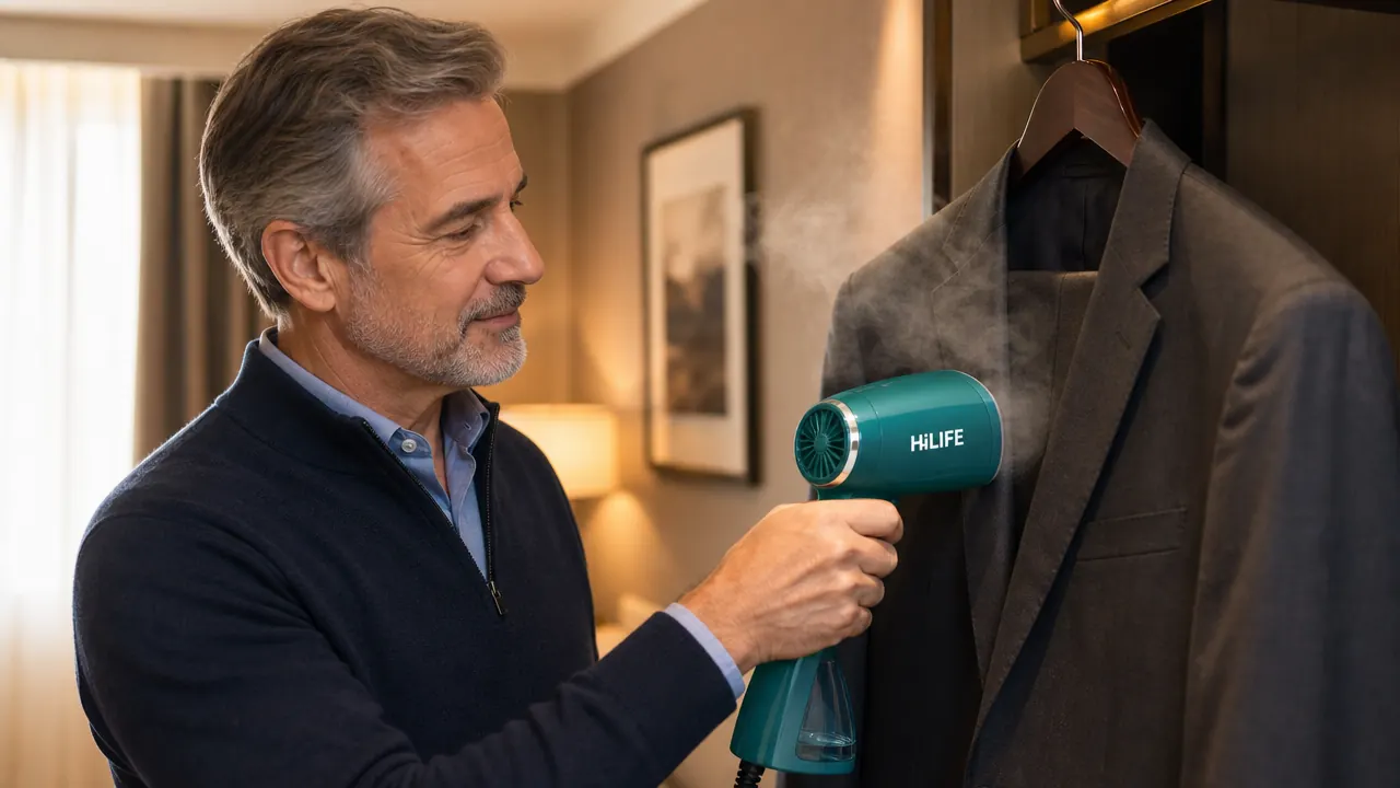 Hand holding the HiLIFE steamer near the nozzle of a blue garment steamer, steam visible against a dark shirt
