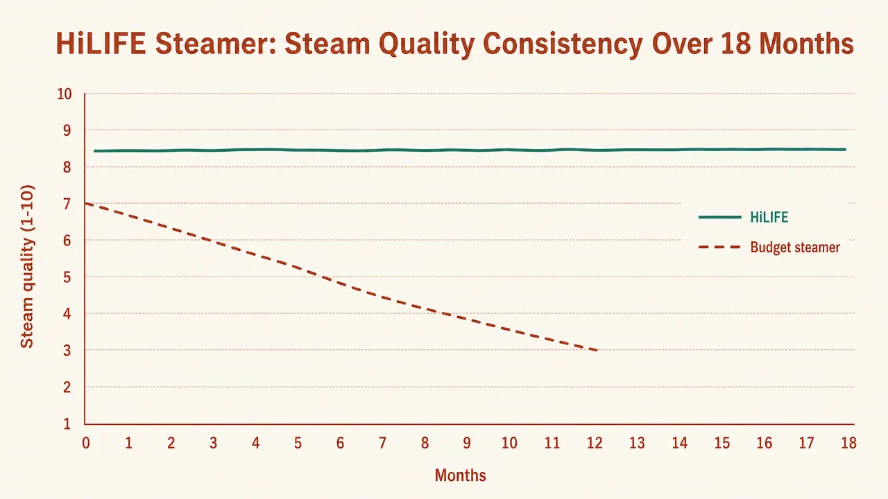 Side-by-side comparison chart of a handheld steamer versus a hotel iron, showing heat-up time, weight, and pack size differences