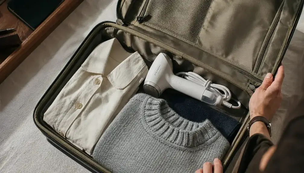 A compact steamer nestled in an open carry-on bag alongside folded clothes, showing how small it packs