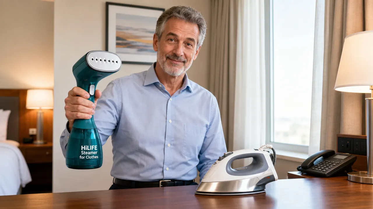 Hand holding a HiLIFE steamer and steaming a wrinkled dress shirt hanging from a bathroom door hook