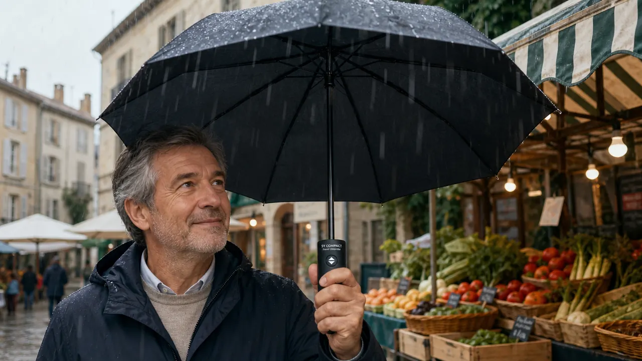 Hand opening a compact travel umbrella in a strong wind outdoors, ribs flexing but canopy holding shape