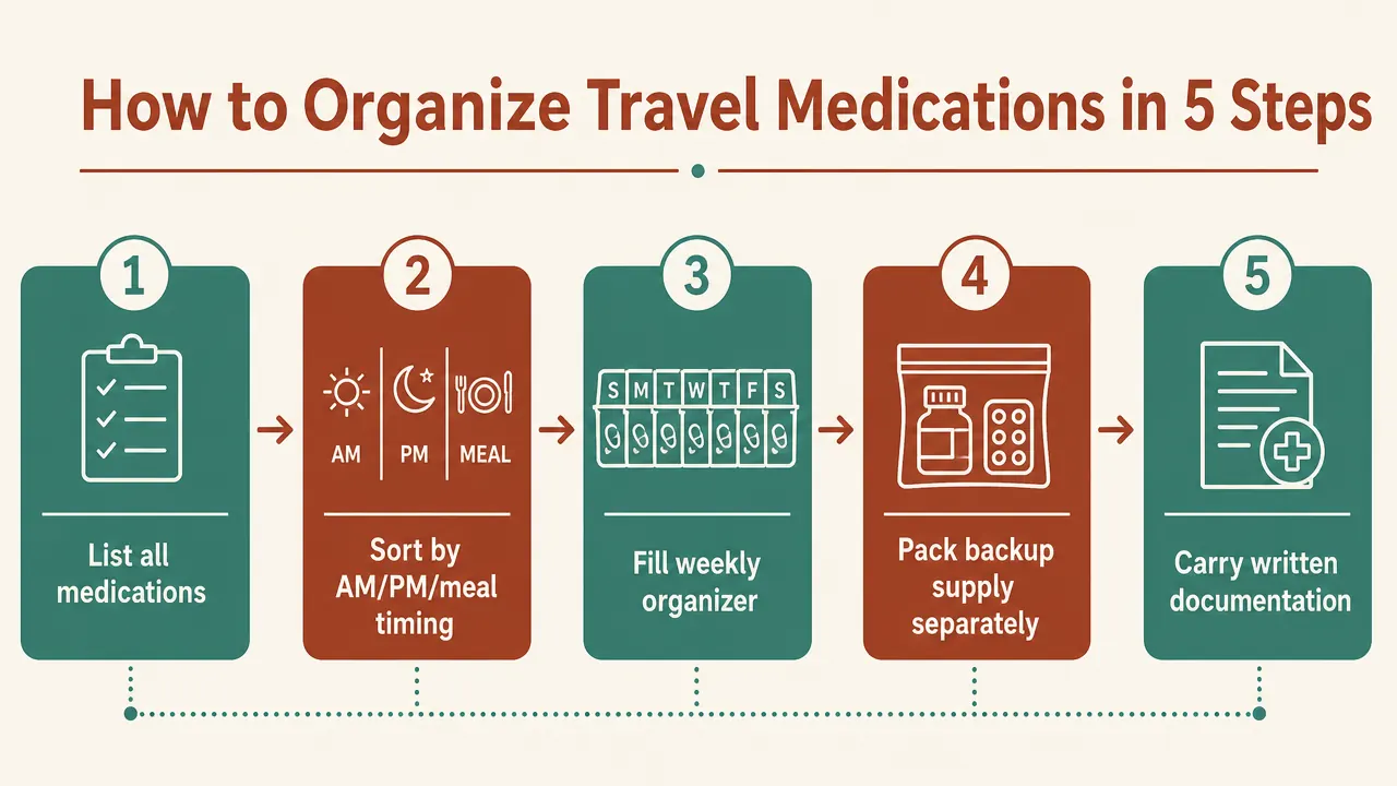 Chart showing a medication packing checklist organized by prescription, OTC, and supplements columns