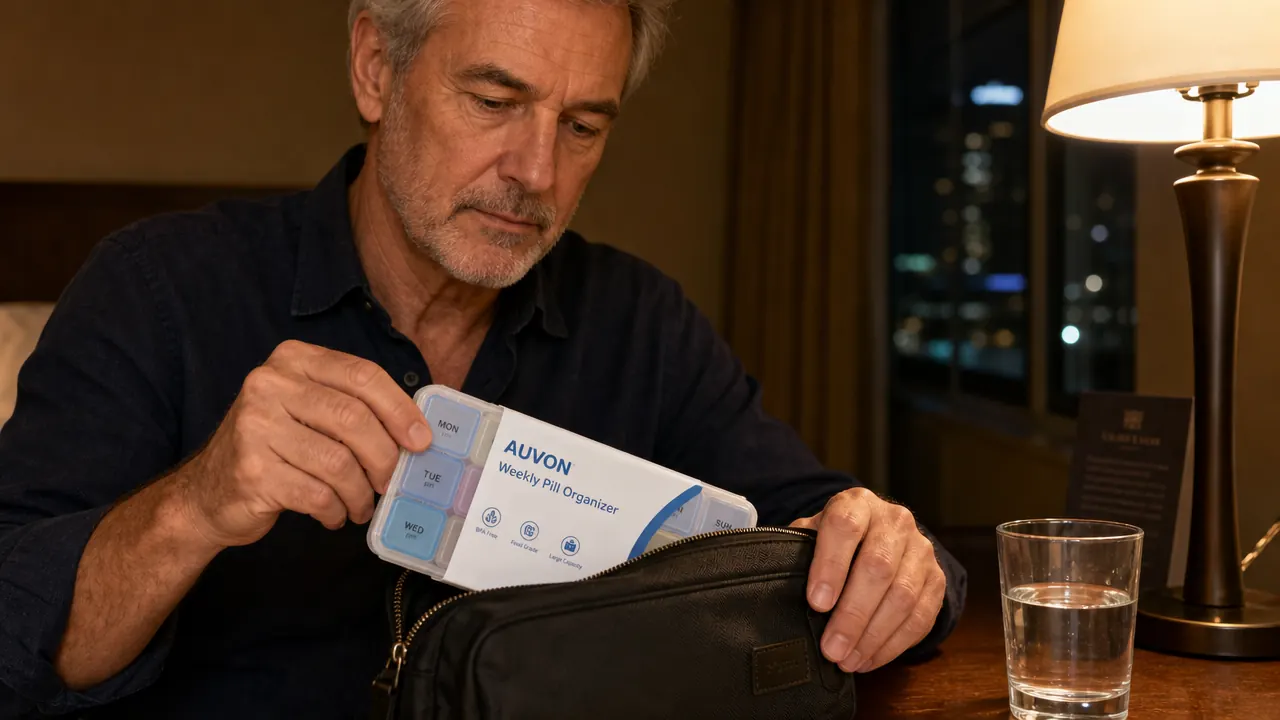 AUVON pill organizer zipped inside a small toiletry pouch inside a carry-on bag