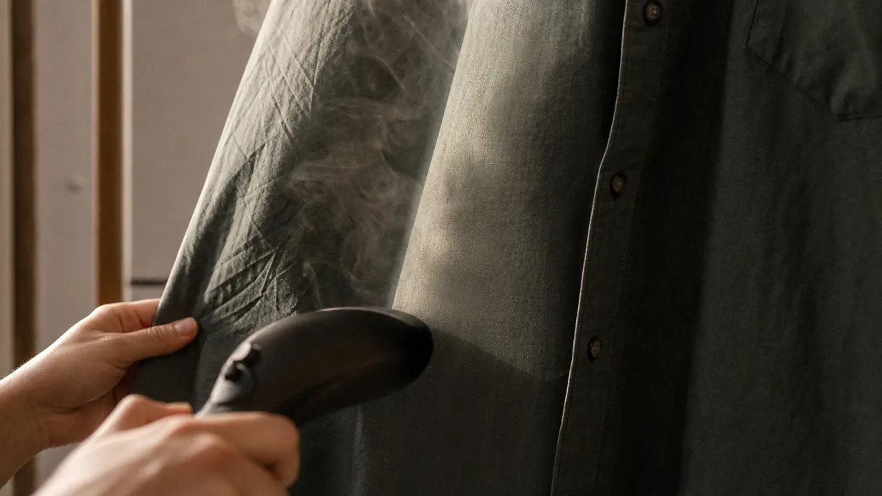Dress shirt hanging smooth and wrinkle-free after steaming, ready to wear