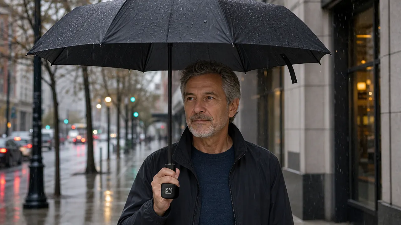 Close-up of the SY COMPACT umbrella auto-open button being pressed by a thumb in wet weather conditions, water droplets visible on the handle