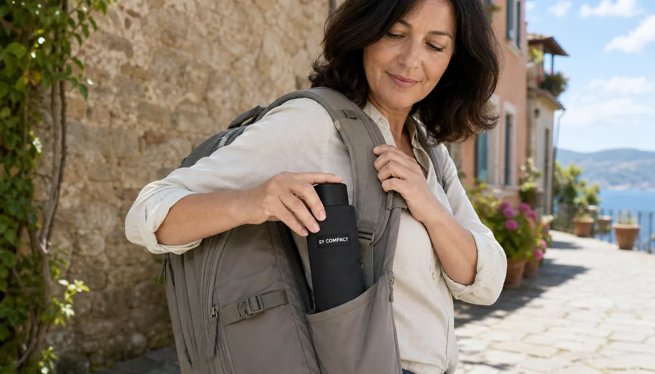 SY COMPACT umbrella collapsed and tucked into a motorcycle tank bag side pocket alongside a water bottle, showing the compact folded length