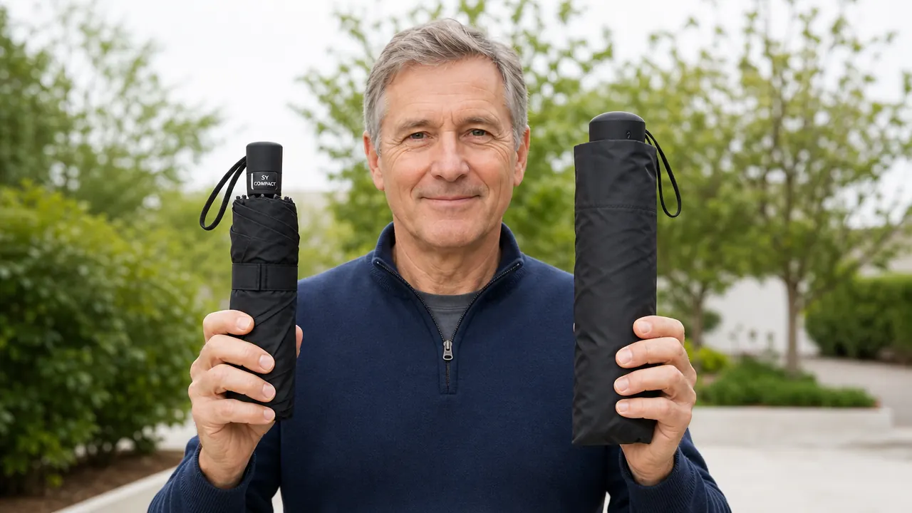 SY COMPACT windproof umbrella open in gusting wind at a marina, canopy staying flat and intact